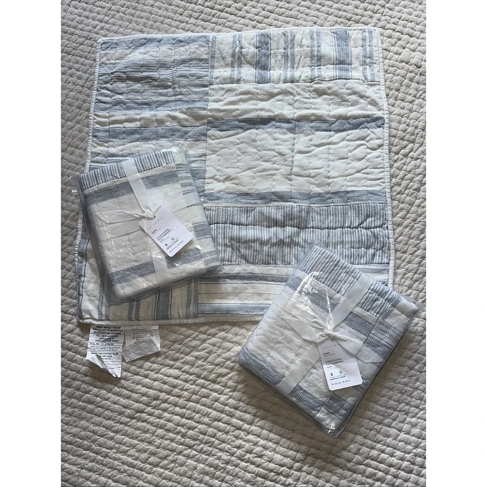 Pottery Barn Hawthorne Patchwork Light Blue Ivory Euro Shams Set of 3 New NWT